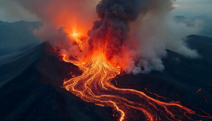 Aerial close-up of a volcano erupting with lava, ash plumes, and fiery destruction.