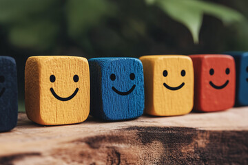 Smiling Wooden Blocks: A row of colorful wooden blocks, each displaying a cheerful smiley face, represents positive emotions and happiness. They're aligned on a wooden surface.