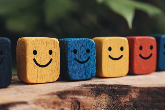 Smiling Wooden Blocks: A row of colorful wooden blocks, each displaying a cheerful smiley face, represents positive emotions and happiness. They're aligned on a wooden surface.