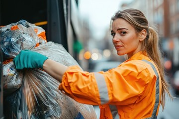 Female sanitation worker loading garbage bag into truck in city street
