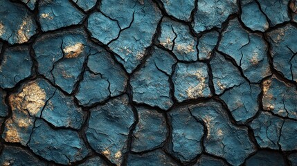 Fototapeta premium Abstract cracked earth texture in teal and gold tones.