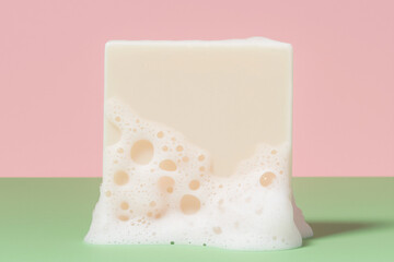 Gentle Cleansing Bar: A close-up view of a creamy white soap bar with a light green background, subtly evoking a feeling of freshness and cleaniness. The soap lathers generously.