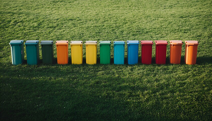 Obraz premium Many color recycling bins on green grass outdoors, space for text