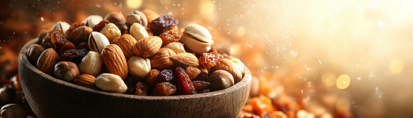 Mixed nuts and dried fruit in a rustic bowl on a bright background with varied textures
