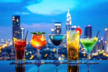 Naklejka premium Colorful cocktails line a rooftop bar with kuala lumpur skyline at twilight