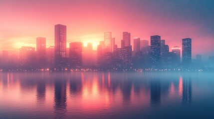 Fototapeta premium Misty city skyline at sunrise reflected in calm water.