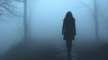 Silhouetted woman walking alone on a foggy path in a dark forest.