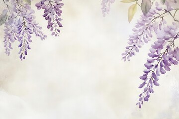 ethereal watercolor garden border with delicate purple wisteria and lavender sprigs cascading around aged parchment, soft botanical illustration style, dreamy pastel palette