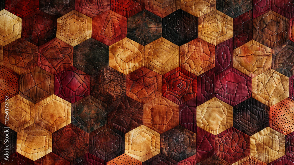 Wall mural a visually stunning tumbling blocks quilt with 3d-like hexagonal shapes in varying shades of deep re