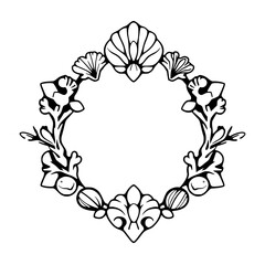 Intricate Floral Frame in Black and White, Wreath with symmetrical design.