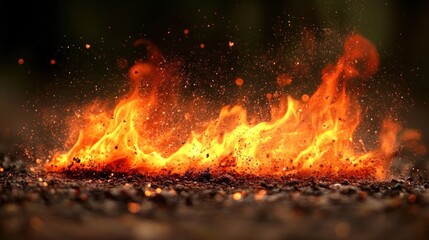 Naklejka premium Fiery blaze with embers and sparks on dark background.