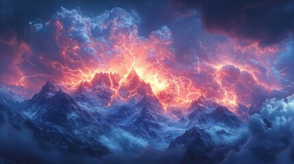 Fototapeta premium Fiery lightning storm erupts over majestic snow-capped mountains, creating a dramatic and surreal landscape.