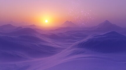 Purple sunset over a mystical, hazy mountain range with glowing particles.
