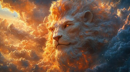 Majestic white lion's head emerges from fiery sunset clouds.