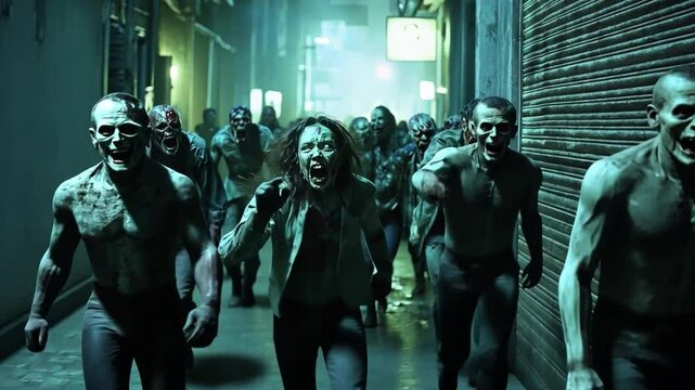 Survivors clash with a horde of zombies in a dark alley, intensifying the horror in this gripping, medium tracking shot.