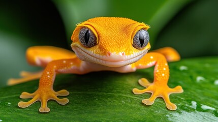 Adorable orange gecko on a green leaf, close-up.