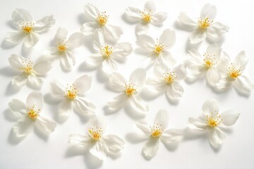 Fototapeta premium ethereal white cherry blossoms with delicate petals and soft yellow centers, high-key photography with subtle shadows on pure white background