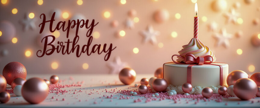 A birthday cake with a lit candle on top of it. The cake is surrounded by many small pink balls. The background is a pink and white color scheme. The image conveys a festive and celebratory mood