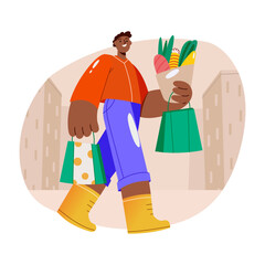 A flat style illustration of a character doing grocery shopping 