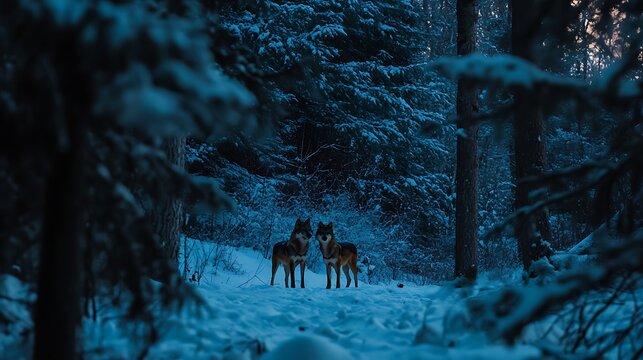 Two wolves standing in a snowy forest at twilight.