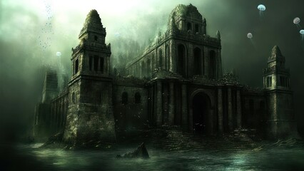 Sunken gothic cathedral ruins underwater, mysterious dark ambiance, jellyfish.