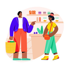 A flat illustration of consumers buying things 