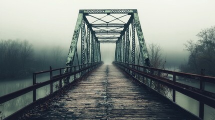 Obraz premium Misty Bridge Over Calm Water in a Foggy Landscape Scene