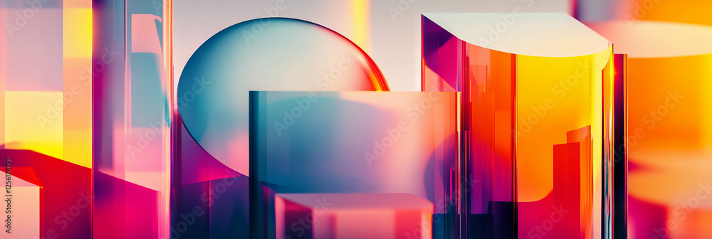 Poster overlapping transparent geometric shapes create vibrant visual depth in bright background design