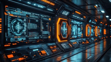 Obraz premium Futuristic spaceship interior with glowing monitors displaying data and navigation information.