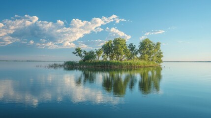 Obraz premium Tranquil Island Surrounded by Reflection on Calm Water under Sky