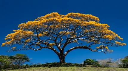Fototapeta premium Large cassod tree with yellow flowers on a hill surrounded by green grass and blue sky