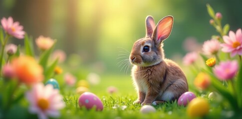 A fluffy brown bunny surrounded by colorful Easter eggs and springtime blossoms in a vibrant green field
