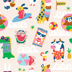 Summer Seamless vector pattern featuring funny animals wearing quirky swimwear, relaxing on the beach. Playful, childlike hand-drawn illustration in a simple modern cartoon style.