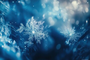 Fototapeta premium ethereal winter forest scene with crystalline snowflakes catching moonlight, creating a magical blue and silver atmosphere