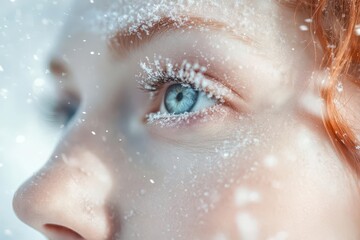 ethereal winter portrait of redheaded woman with crystal blue eyes and snowflake-dusted eyelashes in soft, diffused lighting