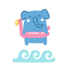 Summer isolated illustration with cute elephant with rubber band flamingo on beach. Vector childish hand drawn illustration in simple hand drawn modern style.