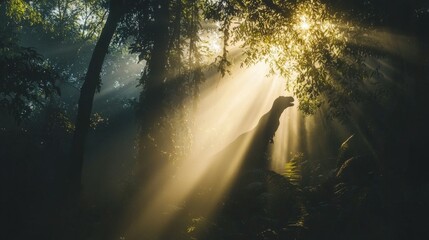 Majestic Dinosaur Silhouette in Misty Forest with Sun Rays