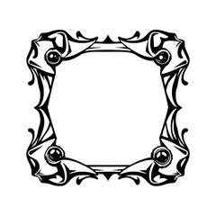 An ornate, stylized square frame with stylized bat-like forms, in black and white.