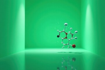 Abstract Molecular Structure Floating in Green Room, a 3D Rendering of a Chemical Compound's Atoms and Bonds, Illustrating Scientific Concepts