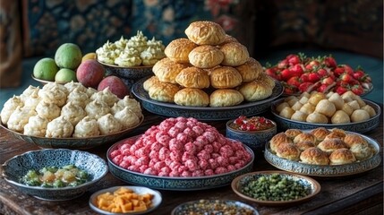 A table laden with various pastries, fruits, and sweets, presented in ornate bowls and plates.