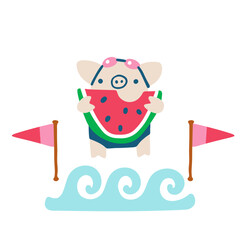 Summer isolated illustration with cute pig eating watermelon after swimming on the beach. Vector childish hand drawn illustration in simple hand drawn modern style.