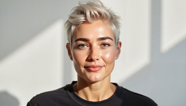Confident non-binary person smiling in bright studio lighting, self-expression