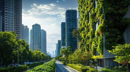Fototapeta premium A modern cityscape with tall buildings and lush greenery, showcasing a harmonious blend of urban development and nature. The scene is bathed in sunlight, highlighting the vibrant and eco-friendly envi