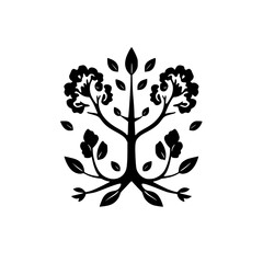 Obraz premium Symmetrical tree silhouette with detailed branches and leaves, displayed on a white background.