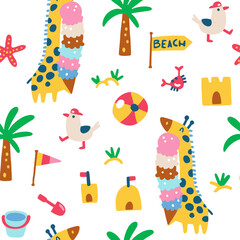 Summer seamless pattern with cute giraffe with big ice cream and seagulls on the beach walking among sandcastles. Vector childish hand drawn illustration in simple hand drawn modern style.