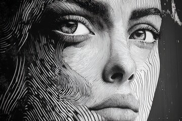 Fototapeta premium Artistic close-up of a female face showcasing intricate line patterns and detailed features in a monochrome style