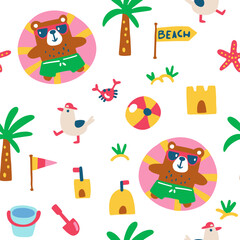 Summer seamless pattern with cute brown bear on inflatable rubber ring and seagulls on the beach walking among sandcastles. Vector childish hand drawn illustration in simple hand drawn modern style.