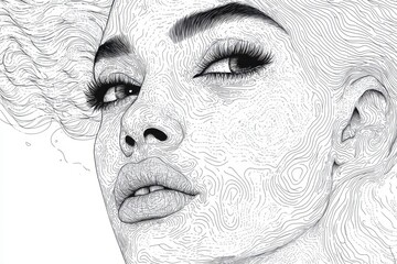 Obraz premium Intricate Line Art Portrait of a Woman with Flowing Hair and Expressive Eyes in Black and White