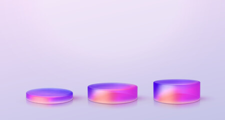 3d iridescent hologram disk, coin, podium, pedestal. Render figure with purple, pink, blue colors. Vector illustration isolated on white for design projects, product display, presentation, adv