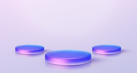3d iridescent hologram disk, coin, podium, pedestal. Render figure with purple, pink, blue colors. Vector illustration isolated on white for design projects, product display, presentation, adv